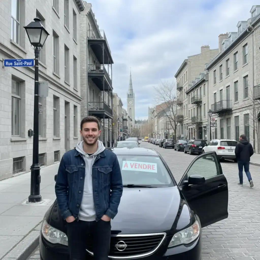 Voiture à vendre garée sur la rue Saint-Paul à Montréal, avec le propriétaire à ses côtés.