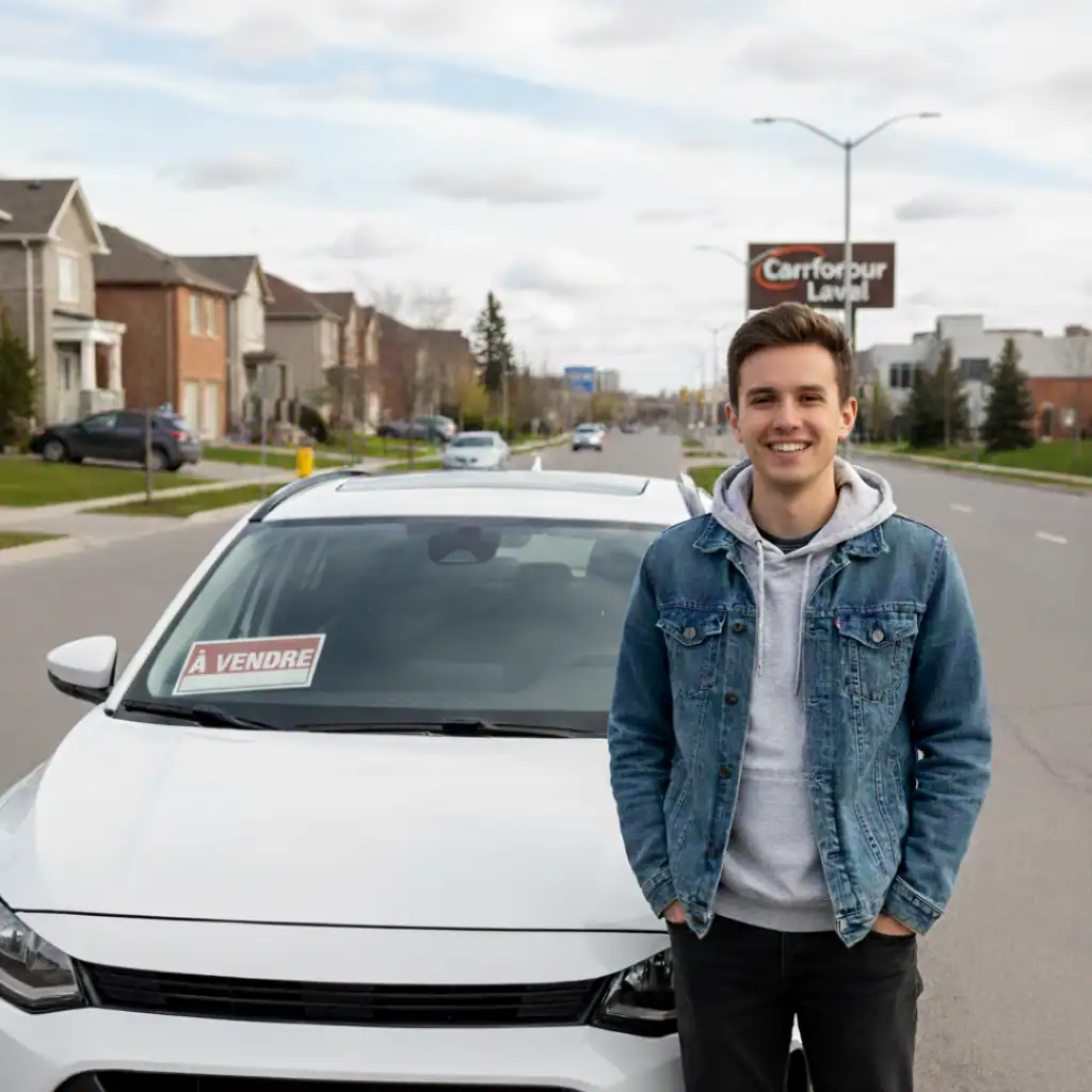 Jeune homme et sa voiture blanche avec pancarte à vendre près du Carrefour Laval
