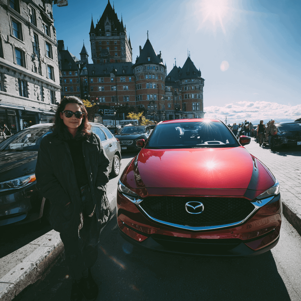 Femme vendant sa voiture devant le Château Frontenac à Québec.